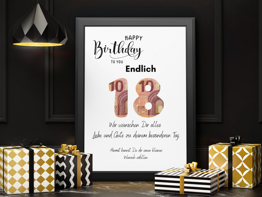 Endlich 18! Geldgeschenk Geburtstag zum selber basteln-Last Minute Geschenkidee-PDF Download