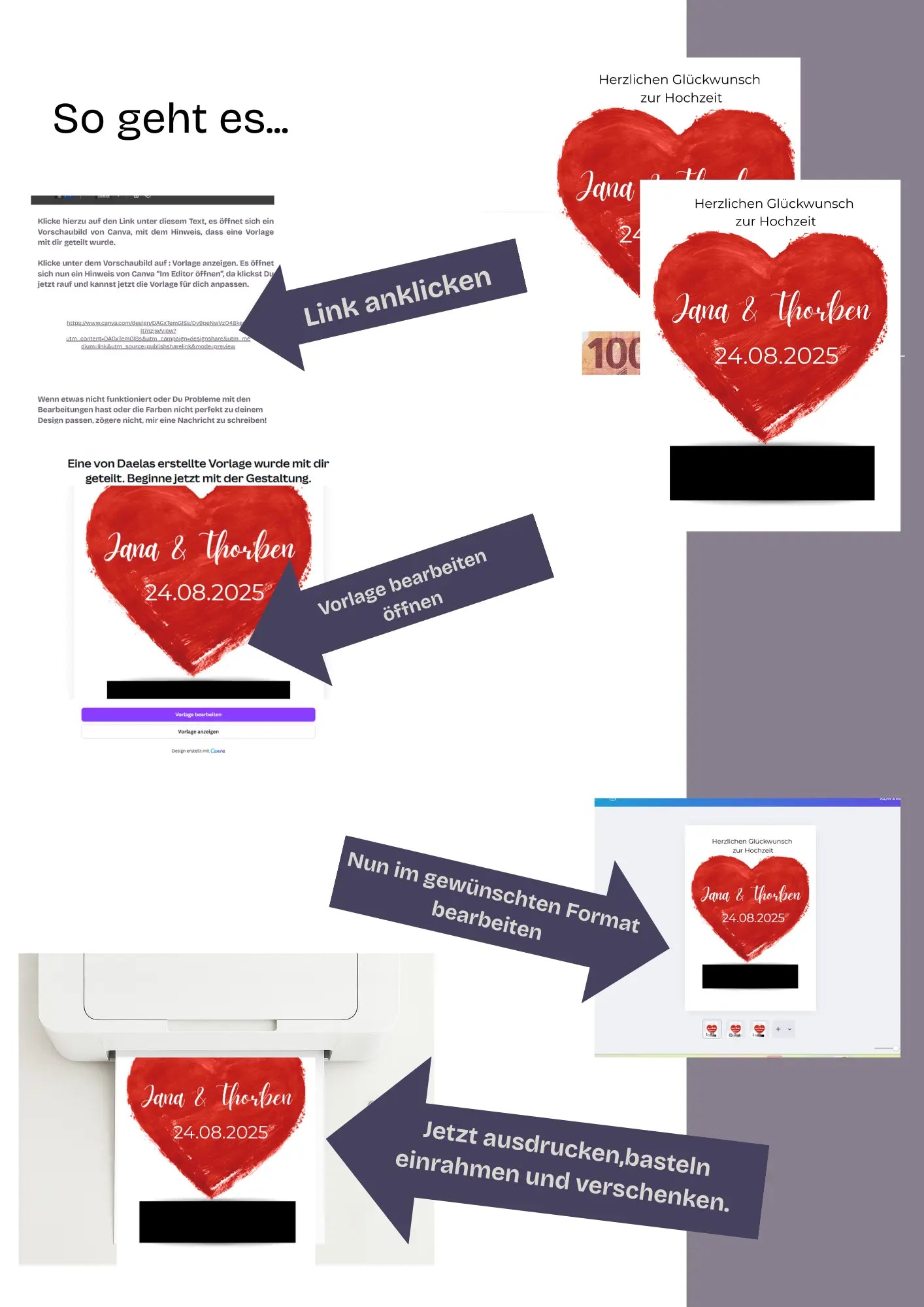 Geldgeschenk zur Hochzeit zum personalisieren – kreative Vorlage